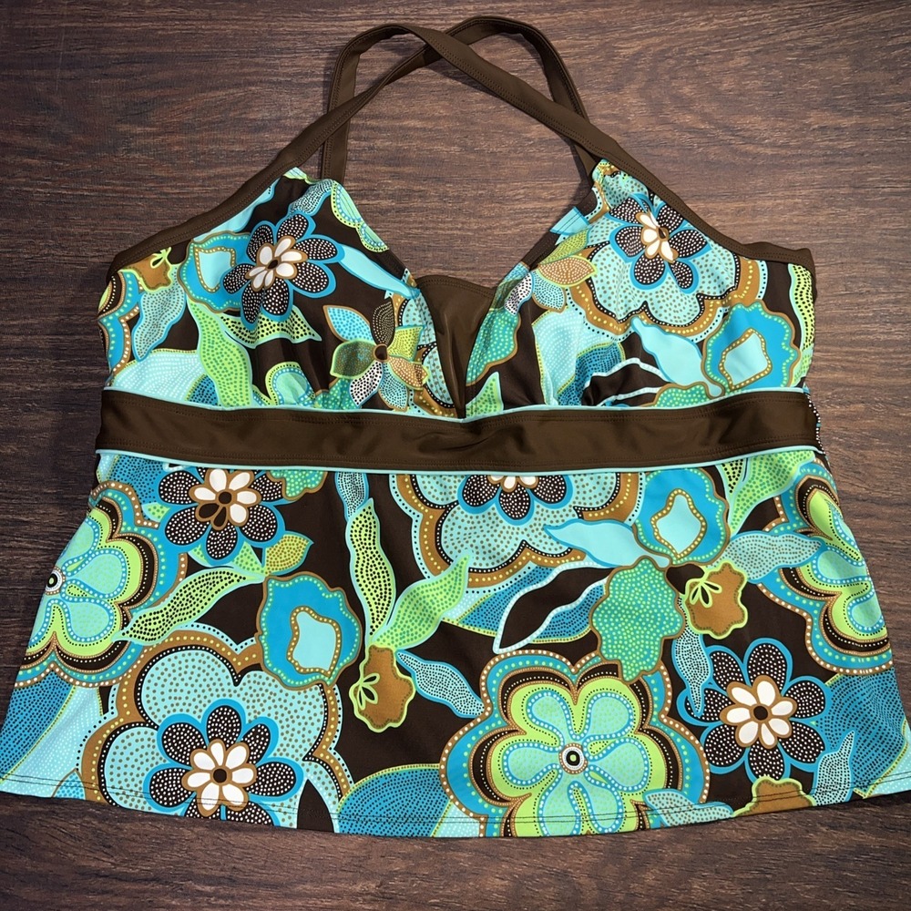 Contour by Beach Scene Womens Swim Top Crossback Brown Blue Green Floral 26W